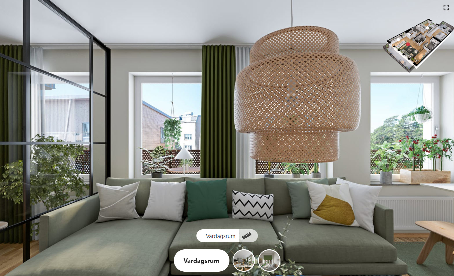 Virtuell rundvandring i ett vardagsrum i en bostadsrätt i Rosendals Port, Uppsala